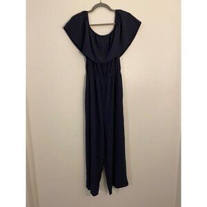 MittoShop Womens Off-Shoulder Jumpsuit L Navy Blue wide Leg Polyester Rayon